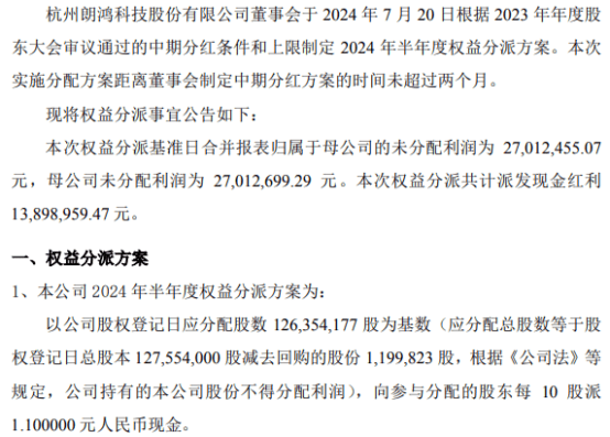 朗鸿科技2023年权益分派每10股派现1.1元 共计派发现金红利1389.9万元  第1张