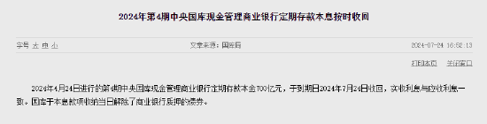 央行：2024年第4期中央国库现金管理商业银行定期存款本息按时收回  第1张