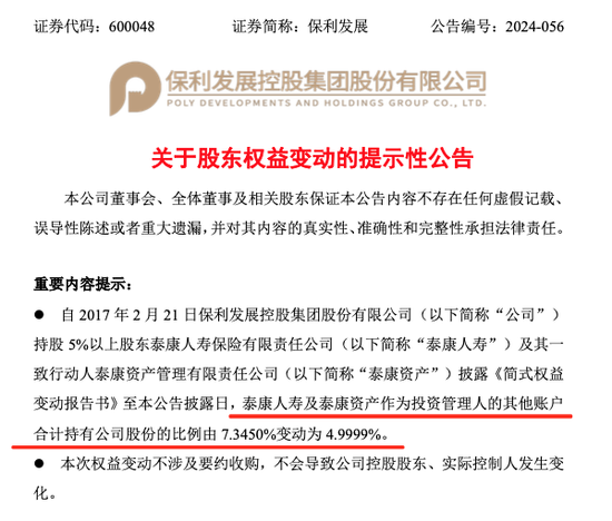 泰康人寿减持保利发展，持股比例＜5%  第1张