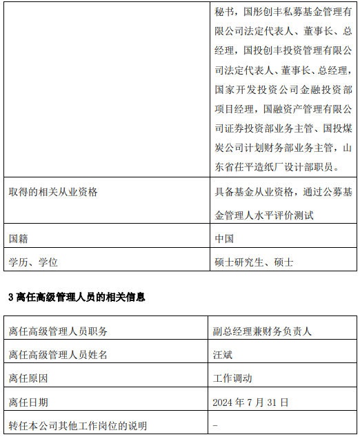 国投瑞银基金汪斌因工作调动离任 新任李涛为副总经理兼财务负责人  第2张