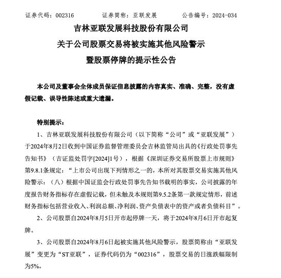 亚联发展收行政处罚事先告知书 股票停牌一天后变更为ST亚联  第3张