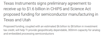 又一家芯片商获美商务部支持！德州仪器被授予16亿美元直接补助