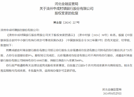 成都农商行增持旗下8家村镇银行 持股比例均由51%变更为60%