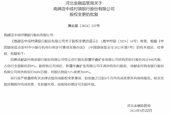 成都农商行增持旗下8家村镇银行 持股比例均由51%变更为60%  第3张