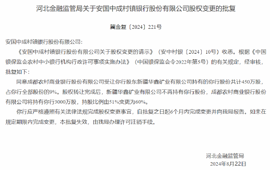 成都农商行增持旗下8家村镇银行 持股比例均由51%变更为60%  第7张