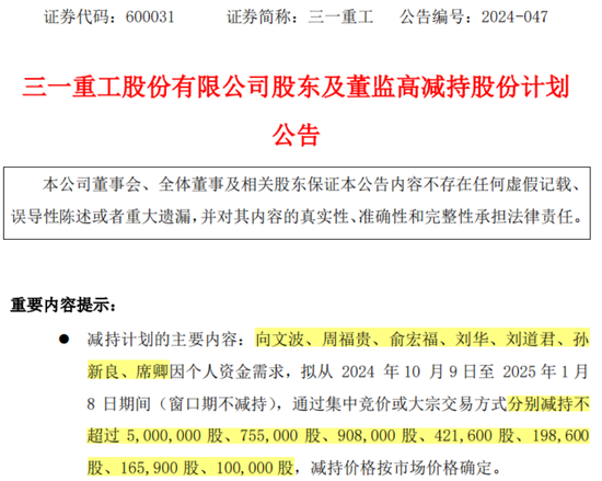 1亿减持，带崩百亿市值！千万年薪高管也缺钱？三一重工为何突遭高管集体减持