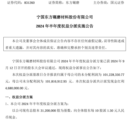 东方碾磨2024年半年度权益分派每10股派现1.5元 共计派发现金红利468万  第1张