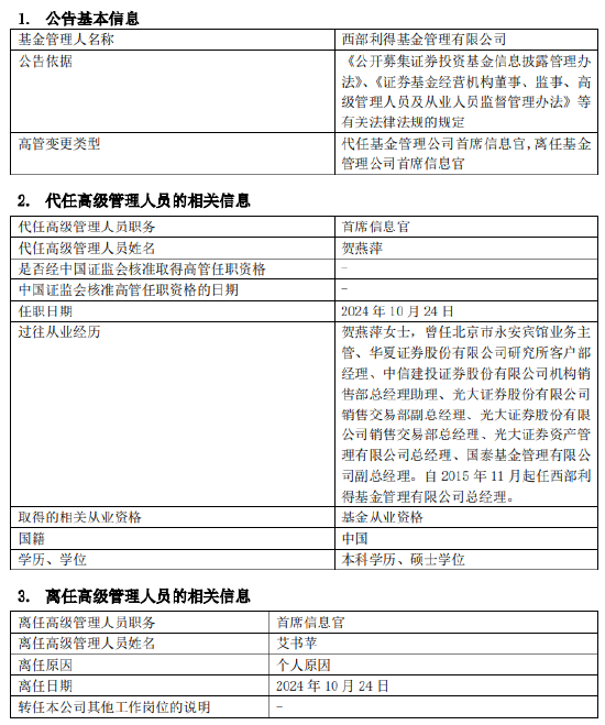 任职4年1月！西部利得基金艾书苹因个人原因离任 总经理贺燕萍代任首席信息官职  第1张